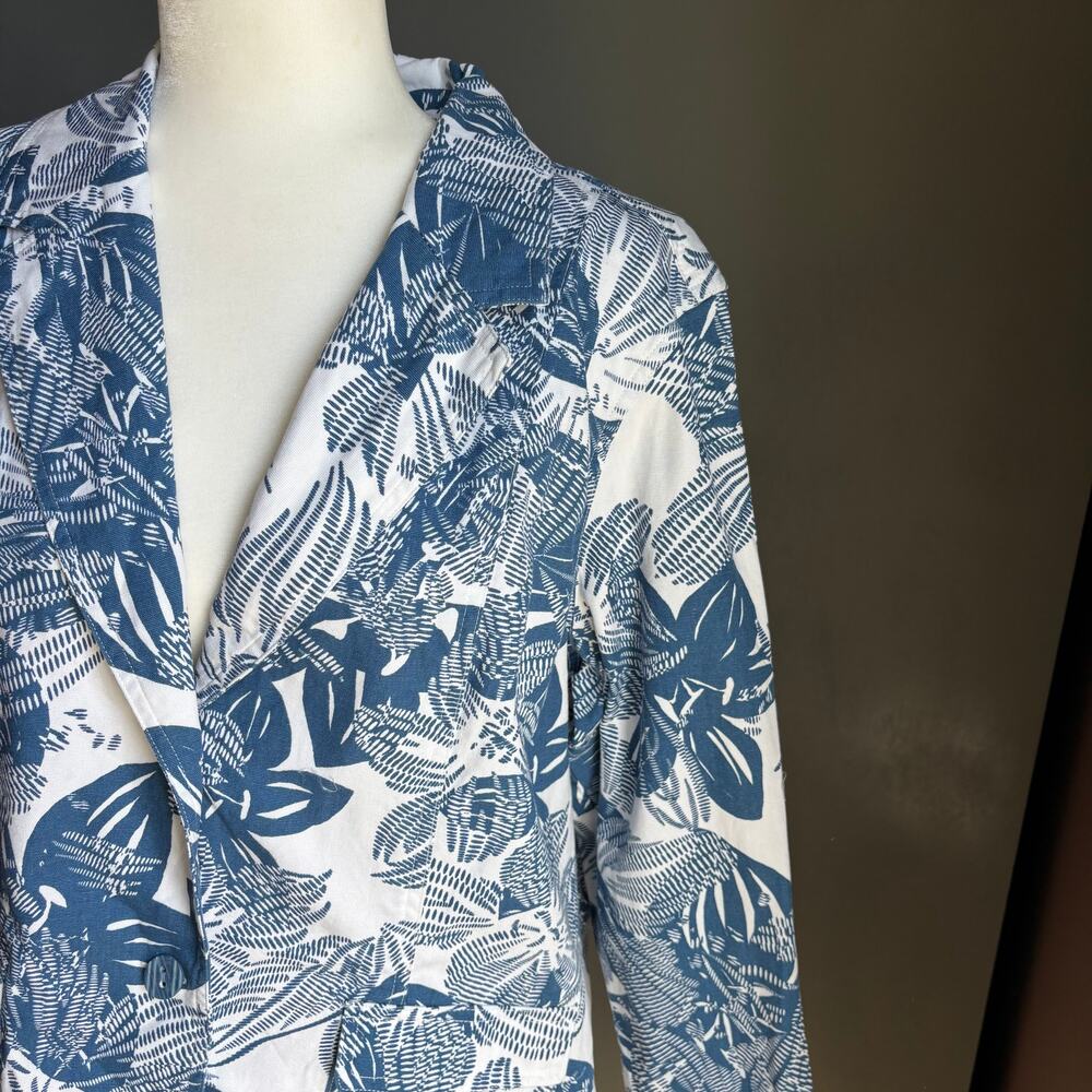 COLDWATER CREEK Women's XL Petit Blue White Floral Notch Lapel Cotton Blazer - Picture 8 of 11